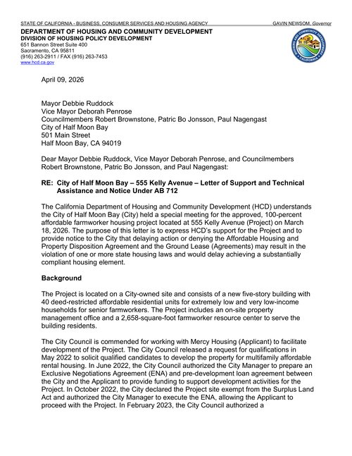 Thumbnail of the first page of the California HCD letter to Half Moon Bay