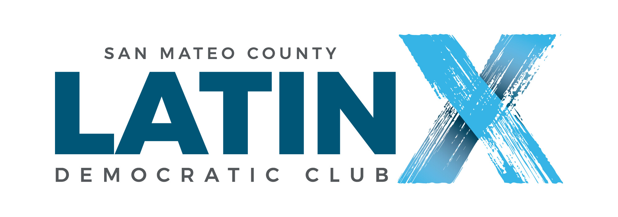 San Mateo County LatinX Democratic Club logo, navy lettering with a blue paint-stroke X