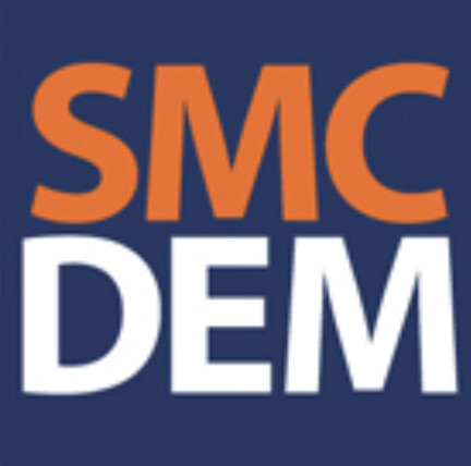 San Mateo County Democratic Party logo, white and orange lettering on a navy background